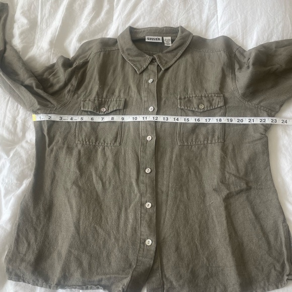 Vintage CHICOS DESIGN olive green linen peal button down shirt size 3 | XL - Picture 9 of 11
